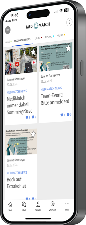 Ein für die MediMatch-App geeignetes Smartphone mit einem schlanken, rechteckigen Design und schwarzem Rahmen, dass eine Vorschau der MediMatch-App zeigt.